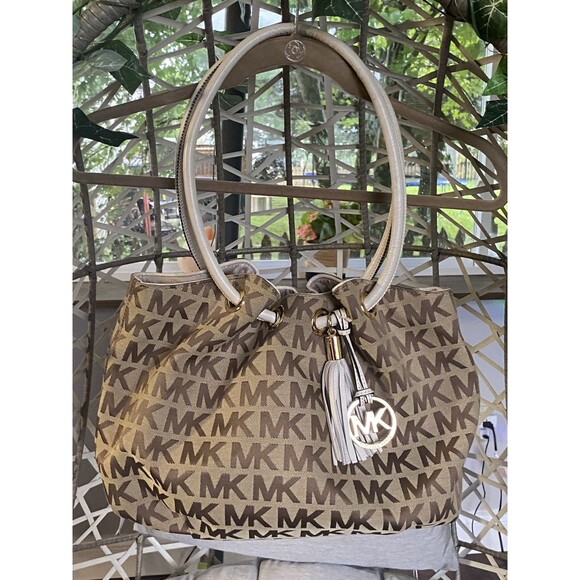 MICHAEL Michael Kors Purse Marina Signature Jacquard Drawstring Tassel HOBO Genu - Picture 3 of 16